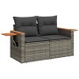 Graue 5-tlg. vidaXL Garten-Sofagarnitur aus Polyrattan mit Akazienholz-Akzenten und Kissen.