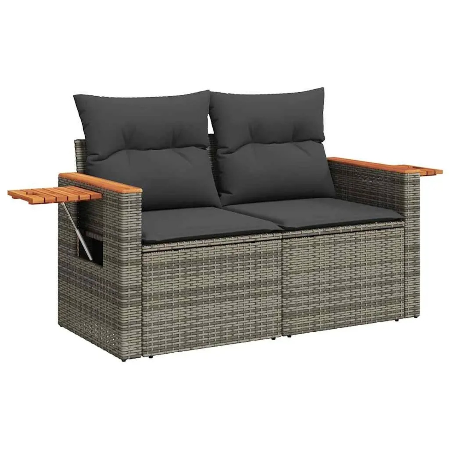 Graue 5-tlg. vidaXL Garten-Sofagarnitur aus Polyrattan mit Akazienholz-Akzenten und Kissen.