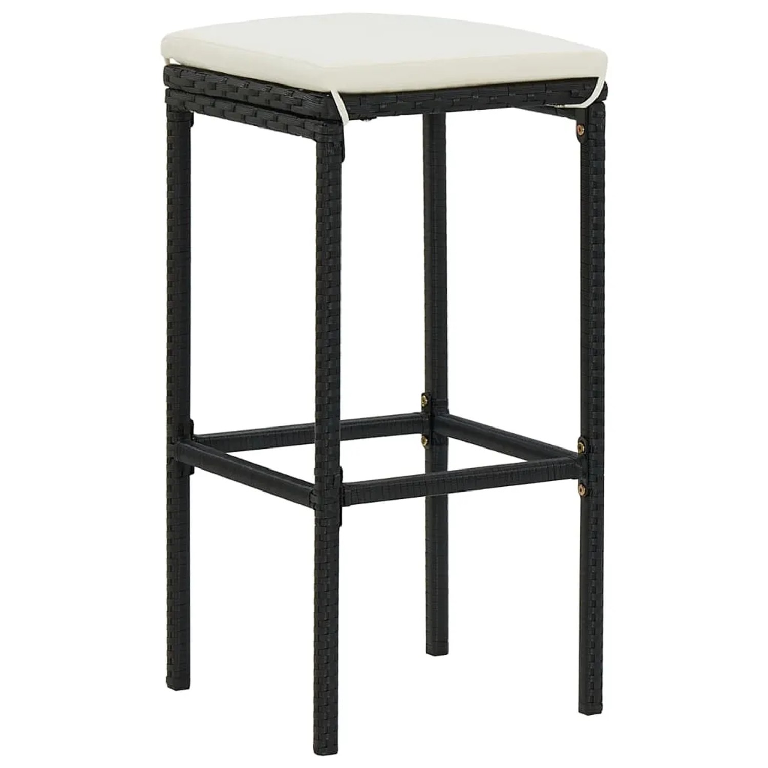 Schwarzer Barhocker aus Rattan mit cremefarbenem Kissen, Teil des vidaXL Gartenbar-Sets.