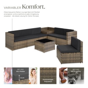 Rattan Lounge Verona für 6 Personen, naturfarben mit schwarzen Polstern. Gartenmöbel-Set mit Tisch und Aufbewahrungsbox.