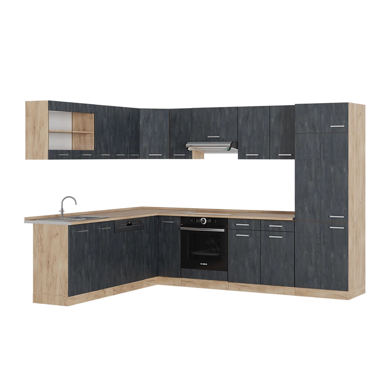 Vicco R-Line Einbauküche in L-Form Schwarz Beton/Goldkraft Eiche 227 x 287 günstig online kaufen