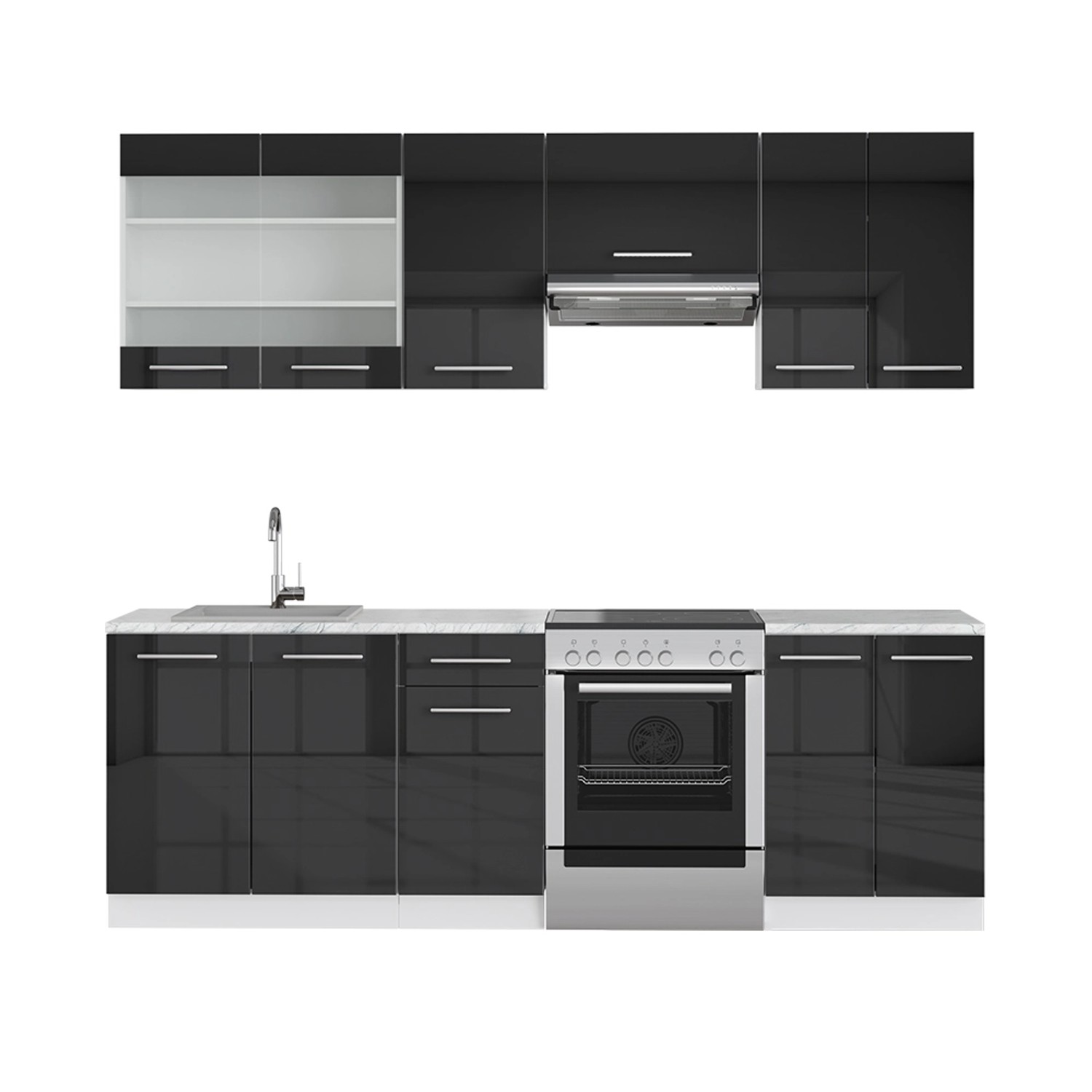 Vicco Fame-Line Küchenzeile Anthrazit Hochglanz/Weiß 240 cm AP Marmor günstig online kaufen