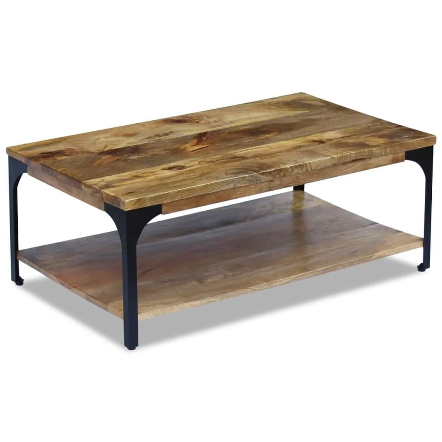 Rechteckiger Couchtisch aus Mangoholz (100x60 cm) mit Ablagefach und schwarzem Stahlrahmen.