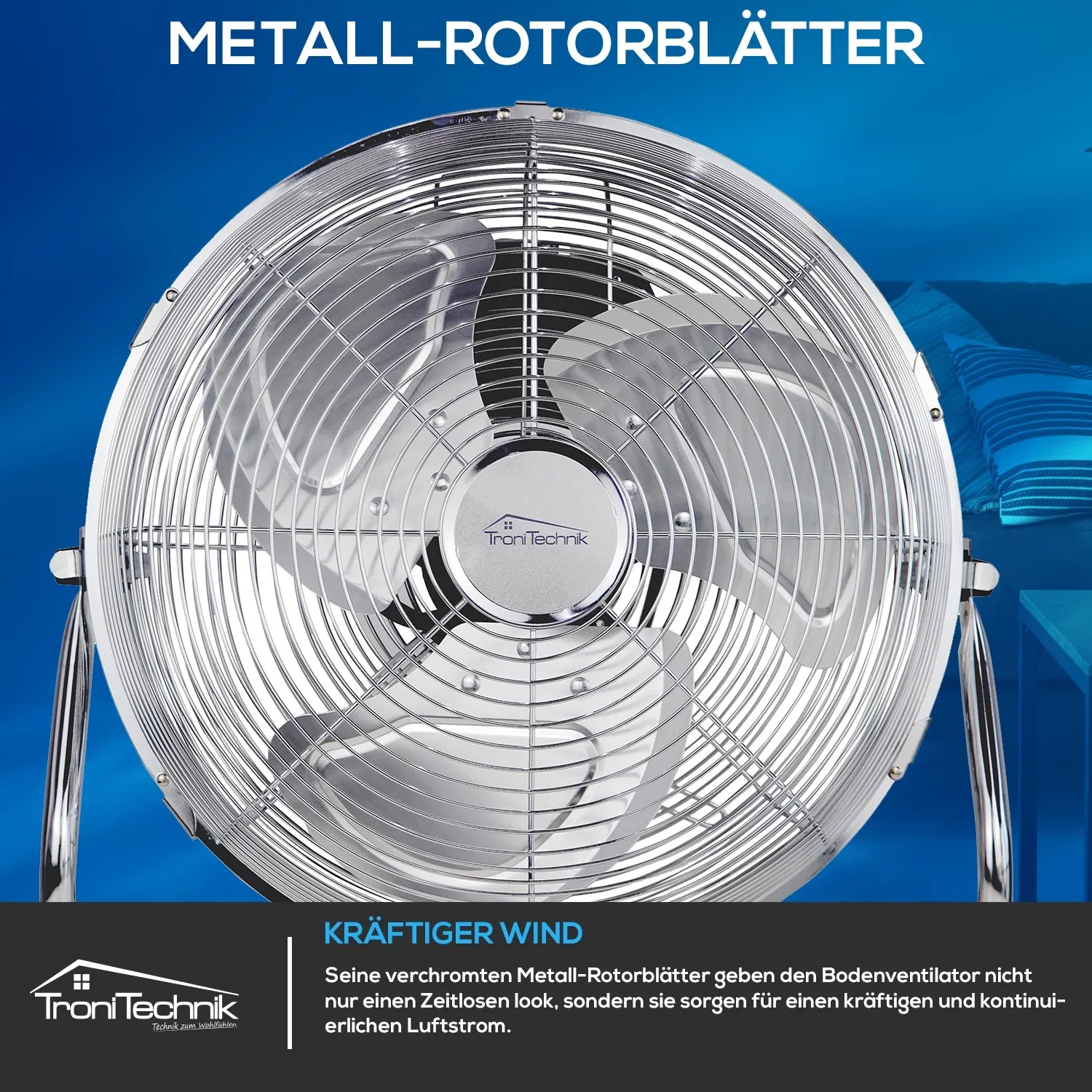TroniTechnik Bodenventilator Windmaschine mit Metall-Rotorblättern und drei Geschwindigkeitsstufen.