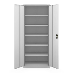Grauer Jan Nowak Metallschrank JAN H2200 mit offenen Türen und Einlegeböden.