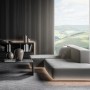 Wohnzimmer mit indirekt beleuchtetem LED-Streifen unter Sofa und Regal.