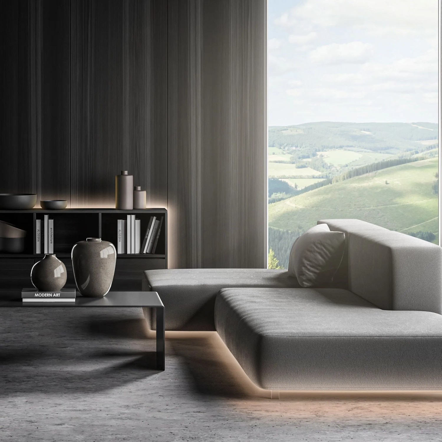 Wohnzimmer mit indirekt beleuchtetem LED-Streifen unter Sofa und Regal.