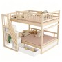 Massivholz Etagenbett 140x200 cm mit Stauraumleiter und Schublade, Naturholz.