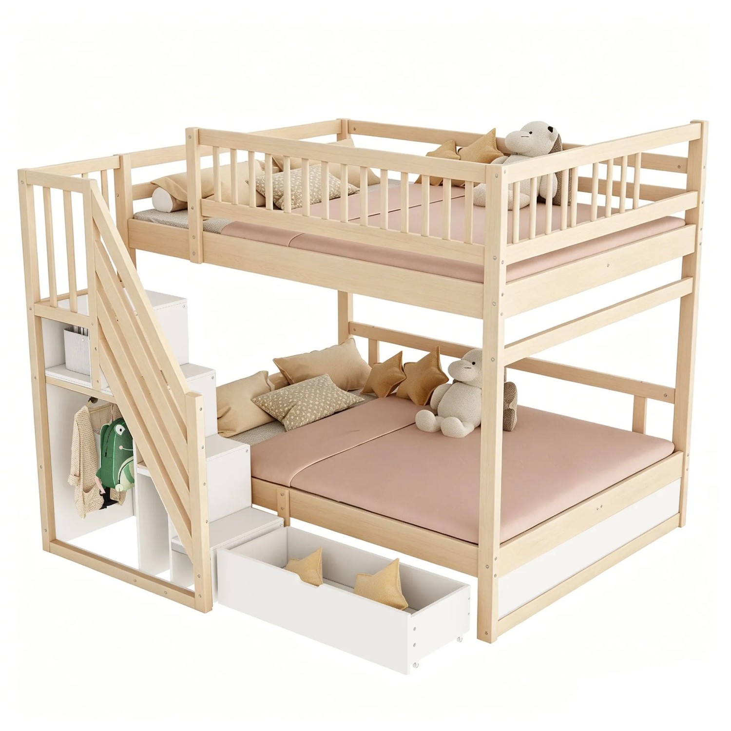Massivholz Etagenbett 140x200 cm mit Stauraumleiter und Schublade, Naturholz.