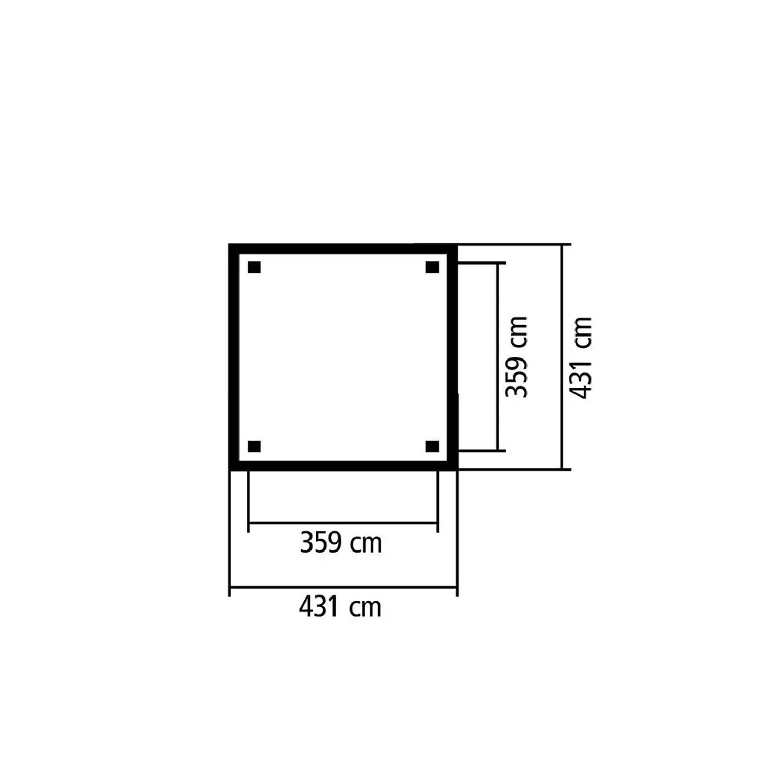 Draufsicht Karibu Pavilloncarport Vigo 1 mit Maßangaben (359x359 cm und 431x431 cm).