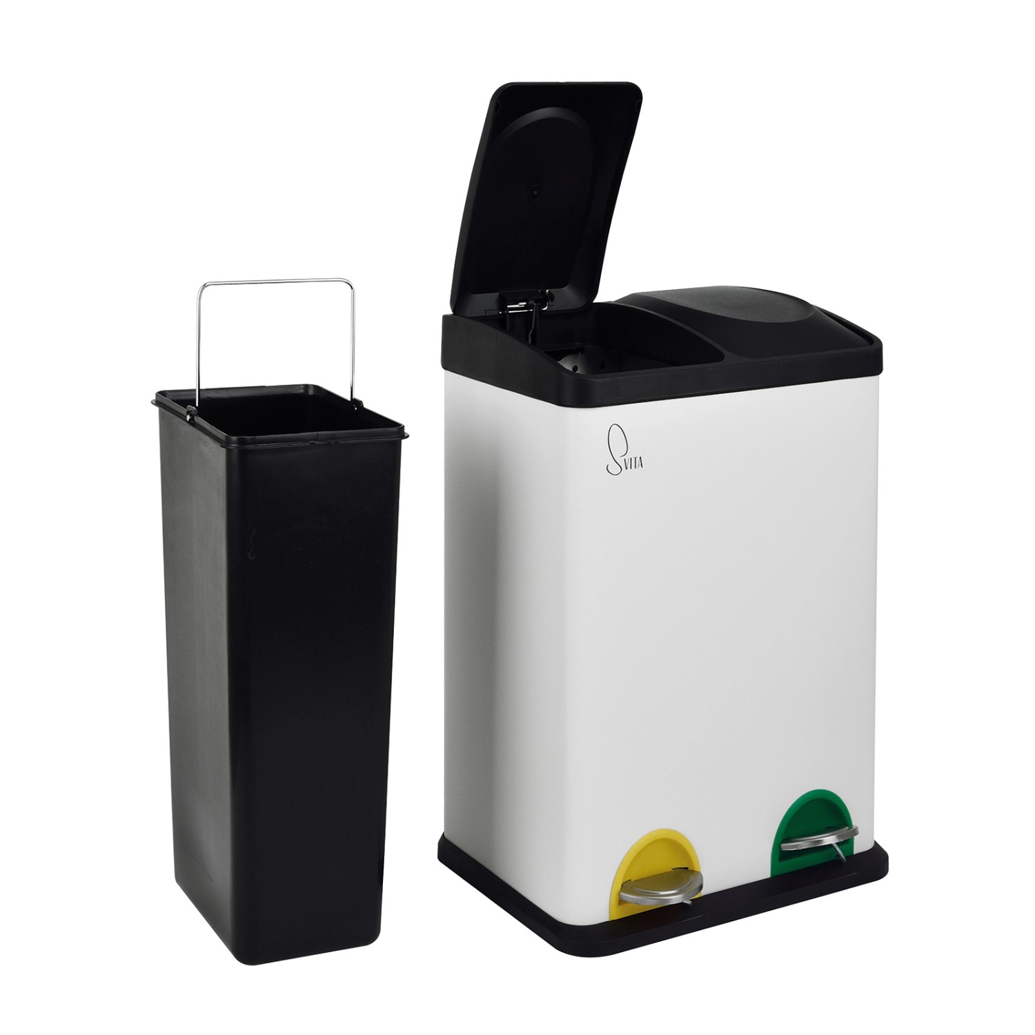 Weißer Svita Trennmülleimer TC2X20 mit zwei Fächern und herausnehmbarem Inneneimer.