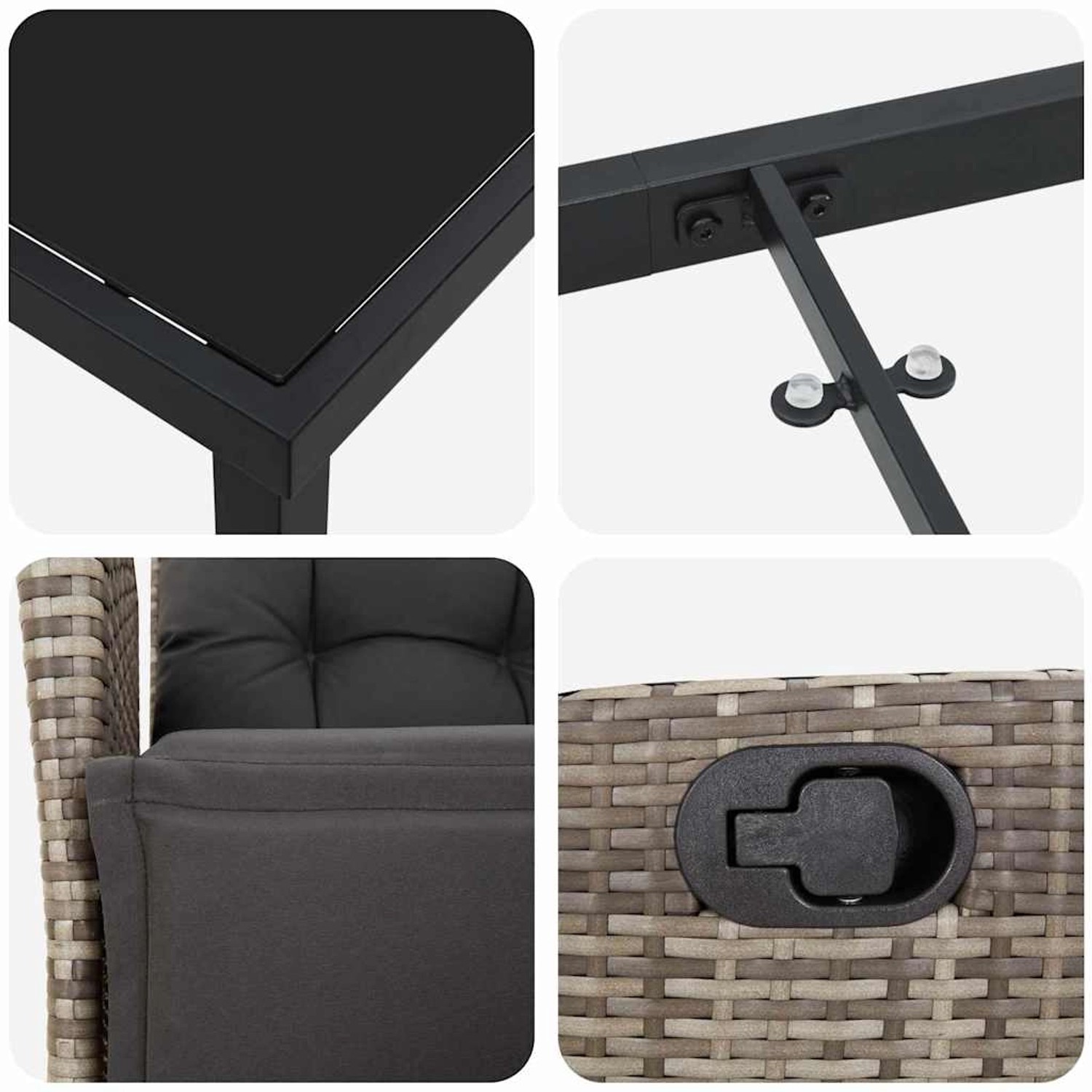 Details der grauen vidaXL Garten Essgruppe: Tischplatte, Stahlrahmen, Rattansessel mit Polster und Verstellmechanismus.