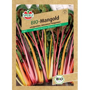 Samenpackung Sperli Bio-Mangold mit bunten Mangoldstielen. Gemüsesamen für farbenfrohe Gemüsebeete.