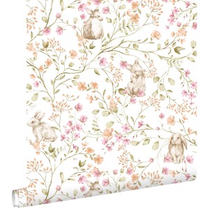 ESTAhome Tapete Kaninchen Grün Rosa und Orange 50 x 900 cm