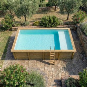 ALTANKA Holzpool Aqua 8,5x4,35 Höhe 1,45 m SANDFARBEN mit Liegefläche mit Einzubetonierendem Profil BAS7309OSPI3+PLA309