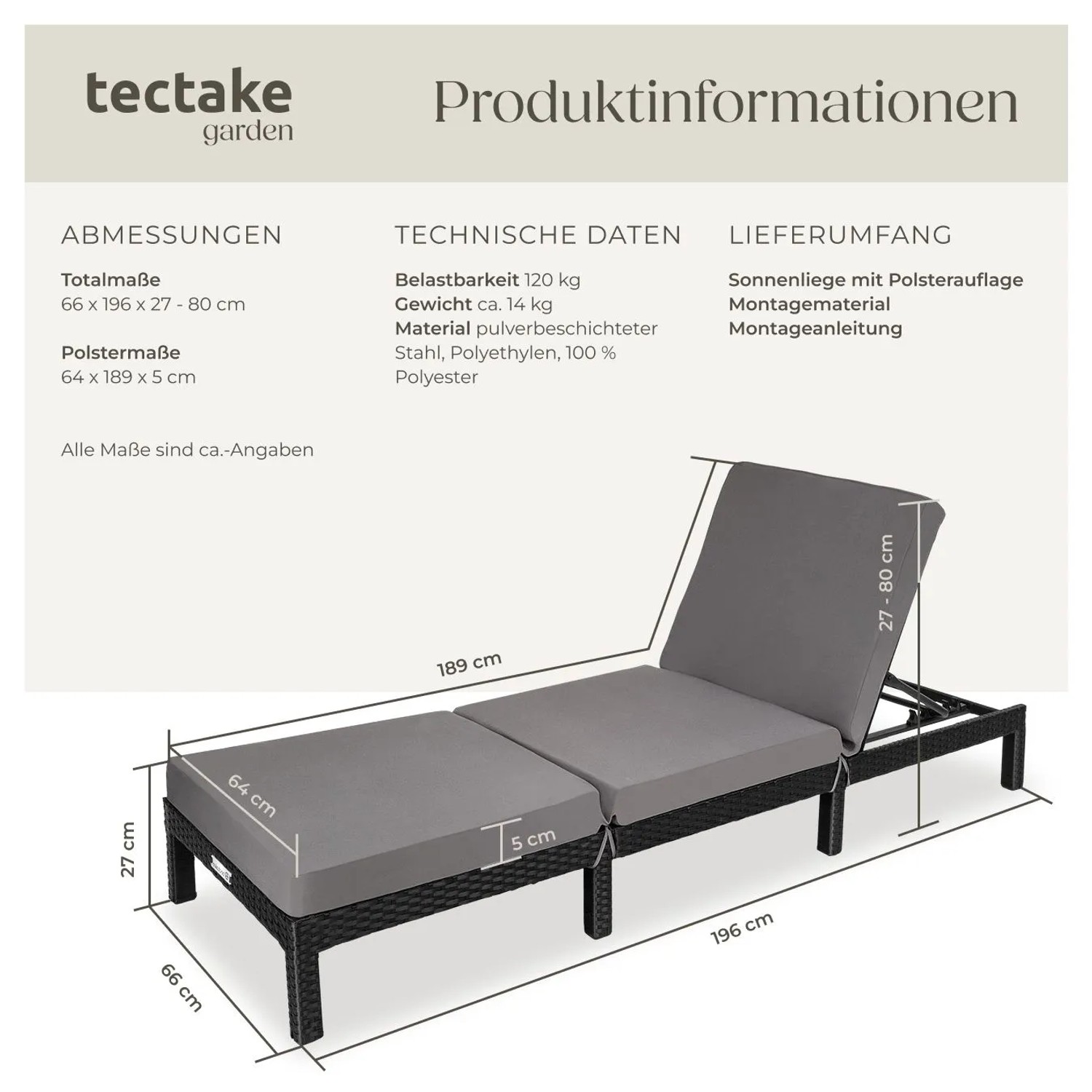Tectake Rattan Sonnenliege Sofia Widerstandsfähig Uv Beständig  196 x 66 x 27 cm Schwarz_6