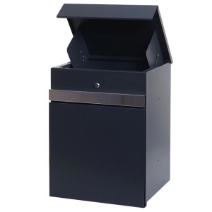 Anthrazitfarbener MCW Paketkasten K41 aus verzinktem Stahl mit Edelstahlleiste, offener Einwurf für Pakete und Briefe.