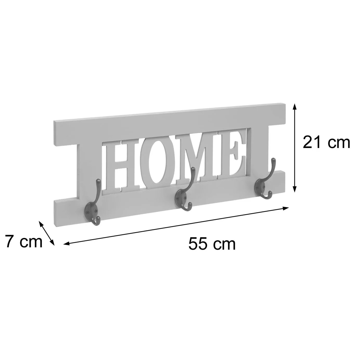 Wandgarderobe C60 im Shabby-Look, naturbraun, mit 3 Doppelhaken und Schriftzug "HOME".