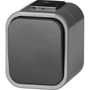 Grauer Feuchtraum Aus-Wechselschalter IP54 für Aufputzmontage, mit anthrazitfarbener Wippe.