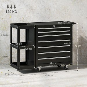 Schwarzer HOMCOM Werkzeugwagen aus Stahl mit 7 Schubladen, Seitenregal, Rollen und 120 kg Tragkraft. 96x33,5x75 cm.
