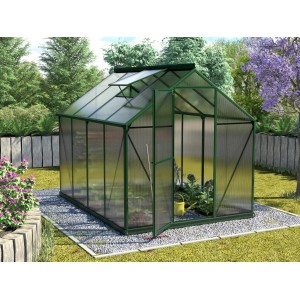 Dunkelgrünes Gewächshaus Triton 5000 mit Fundament, 6 mm HKP, inklusive Dachfenster und Schiebetür.