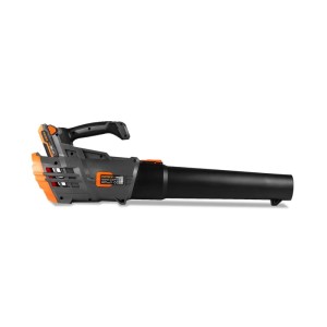 FUXTEC 20V Akku Laubbläser FX-E1LB20 in Grau-Orange mit langem Blasrohr und eingesetztem Akku.