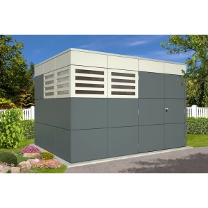 Modernes, schiefergraues Holz-Gartenhaus Perth von Skan Holz mit Flachdach und Lüftungselementen.