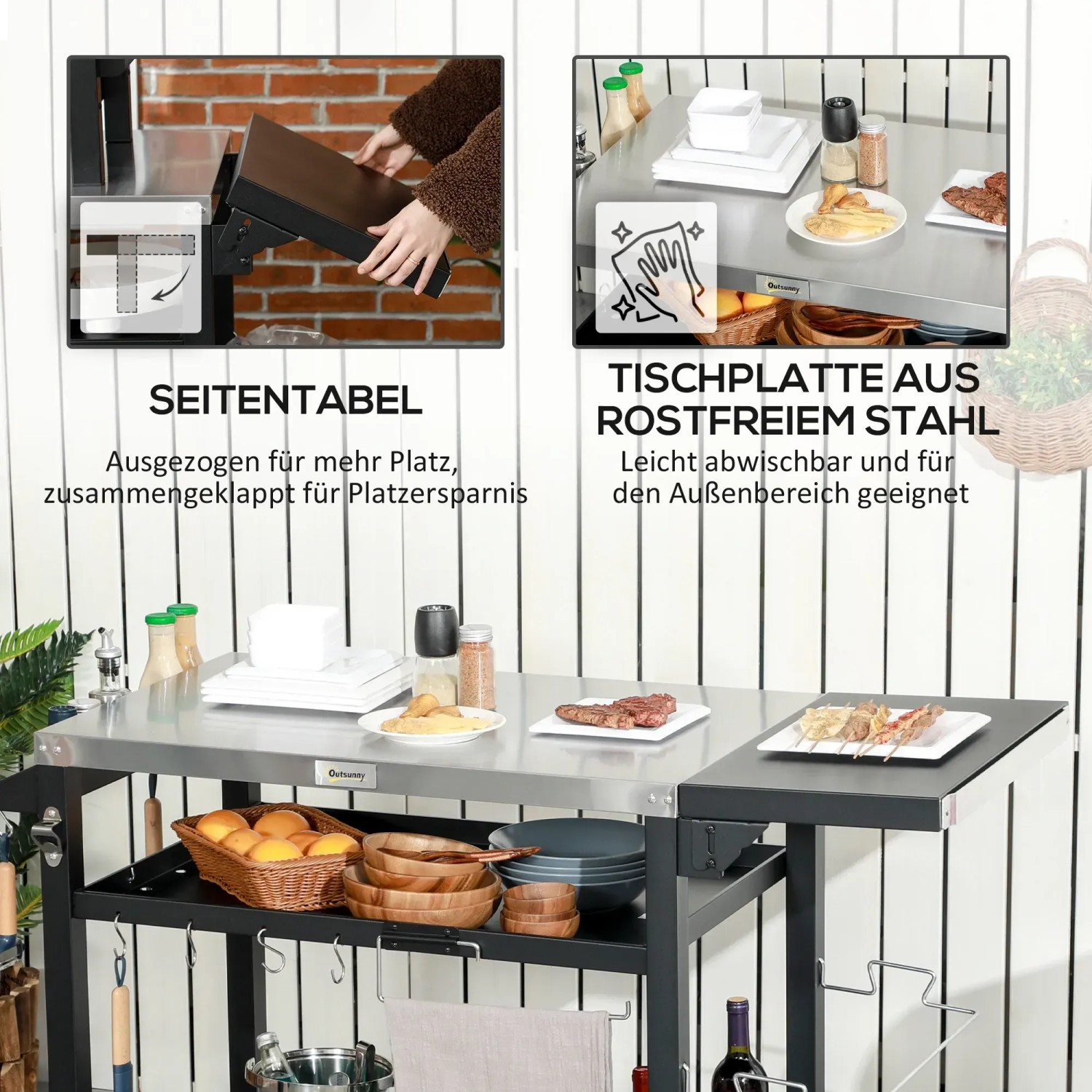 Outsunny Grillwagen aus Edelstahl mit klappbarem Seitentisch und Ablageflächen.