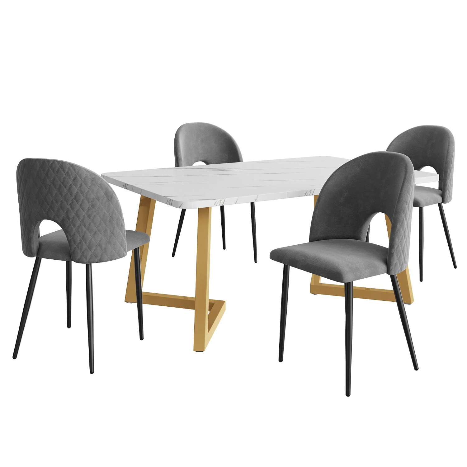 Merax Essgruppe 5-tlg mit 117x68cm Esstisch  4 Samtstühle Grau mit Diamantmuster  Goldbeine