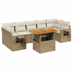 Beige 8-tlg. Garten-Sofagarnitur aus Rattan mit Tisch und cremeweißen Kissen.