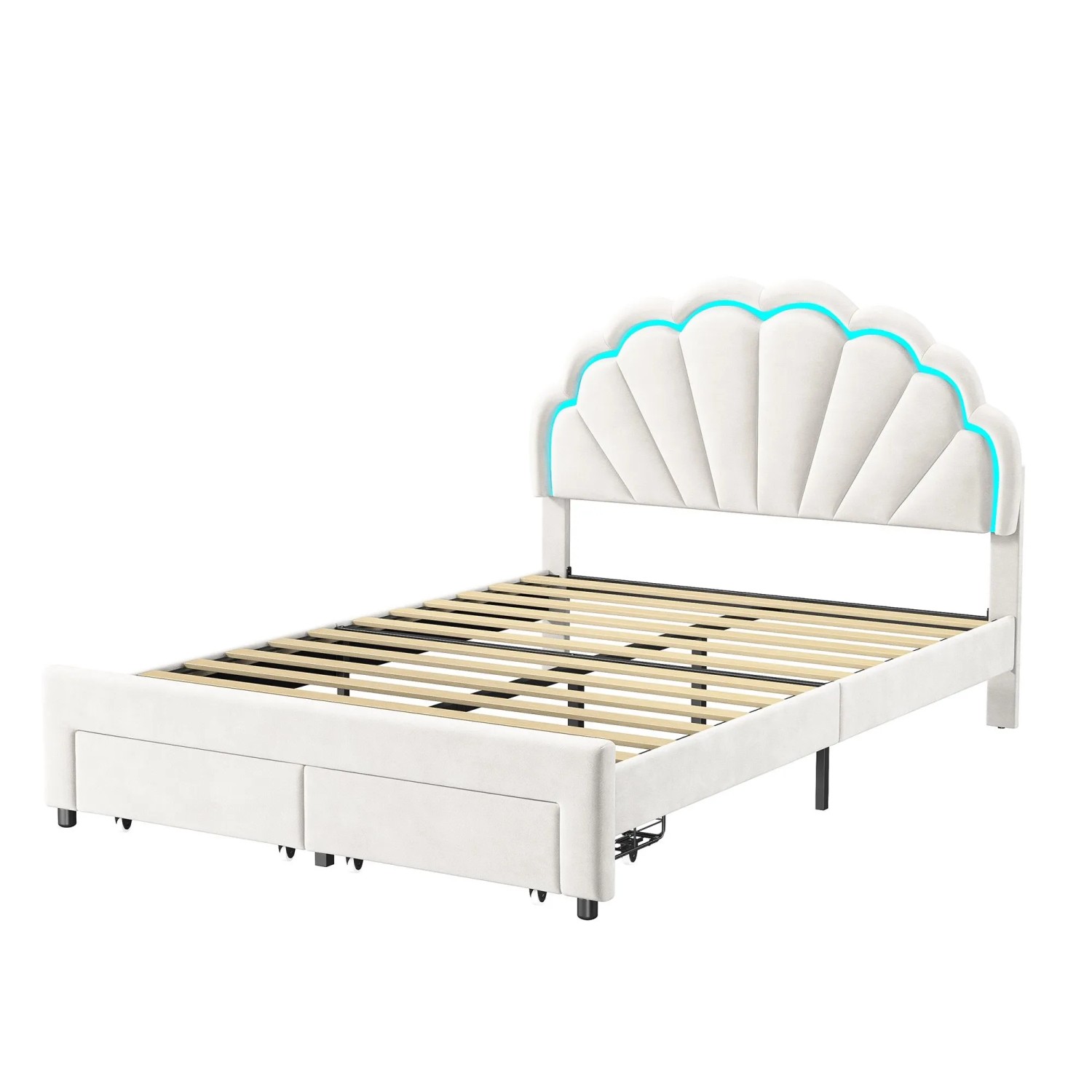 PXloue Kinderbett Polsterbett Weiß 140x200cm mit Lattenrost LED und Schublade Samt