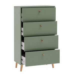 Pistazienfarbene Schildmeyer Bjarne Kommode mit 4 Schubladen, eine offen, Holzgriffe, Holzfüße.