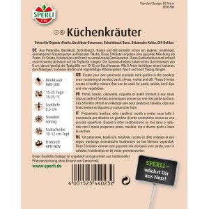 Sperli Küchenkräuter Kombination: Petersilie, Basilikum, Schnittlauch, Rauke und Dill für den Kräutergarten.