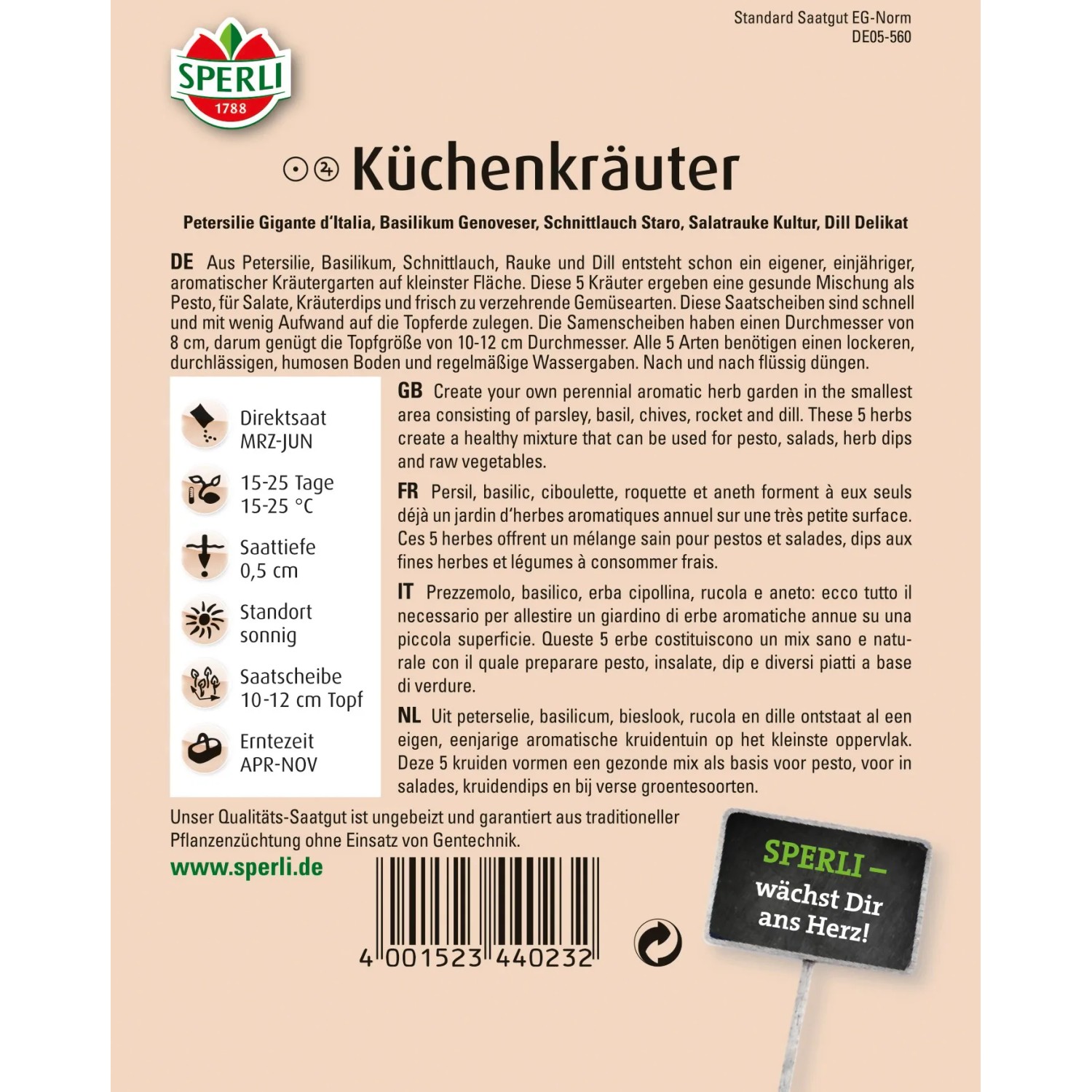 Sperli Küchenkräuter Kombination: Petersilie, Basilikum, Schnittlauch, Rauke und Dill für den Kräutergarten.