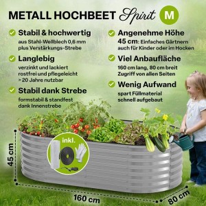 TTL GARDEN Ovales Garten-Hochbeet SPIRIT M 160×80×45 cm – Niedriges Metall Hochbeet Verzinkt in Silber für Garten