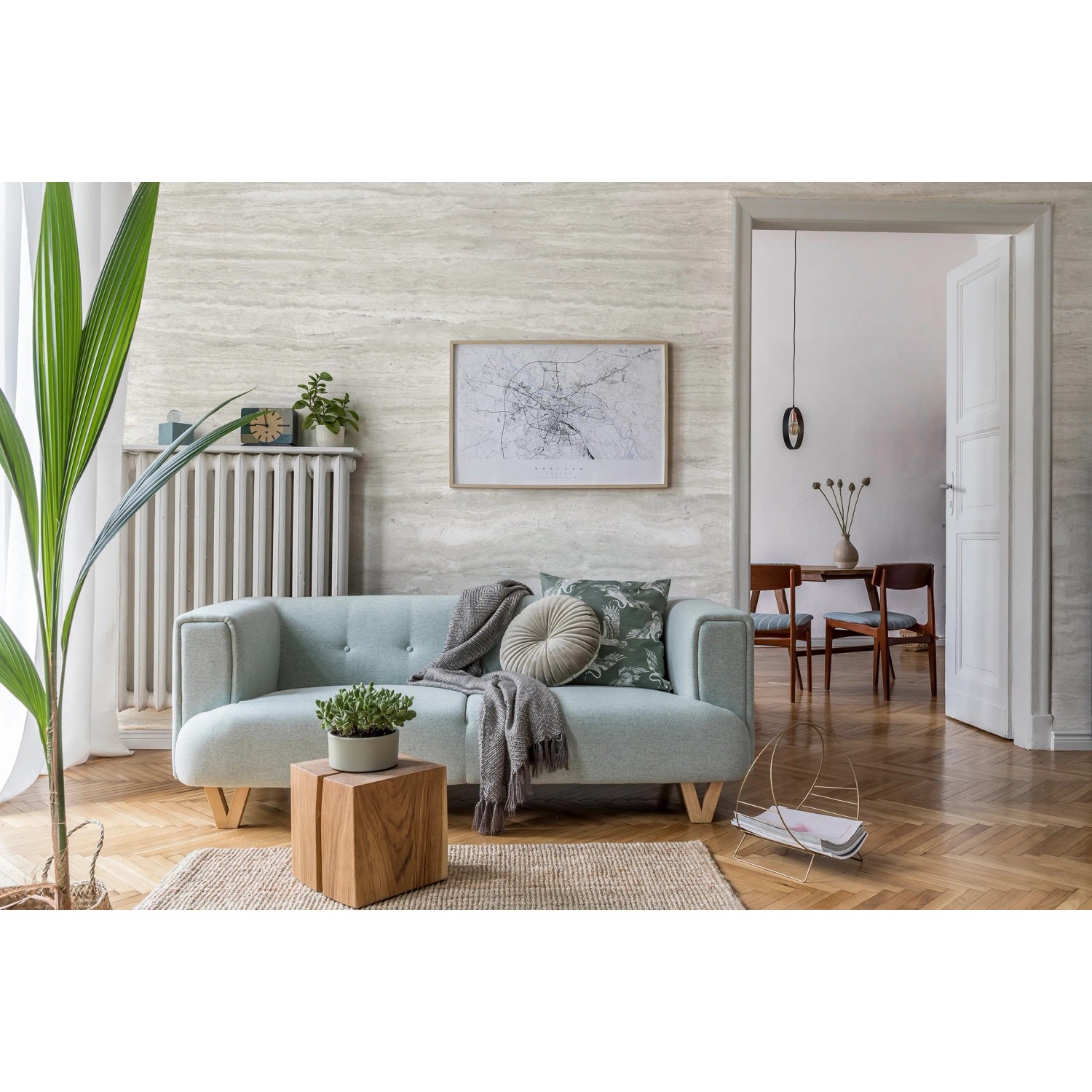 Wohnraum mit Grosfillex Wandpaneel Element 3D Optik Romano Bianco Matt als Wandverkleidung.