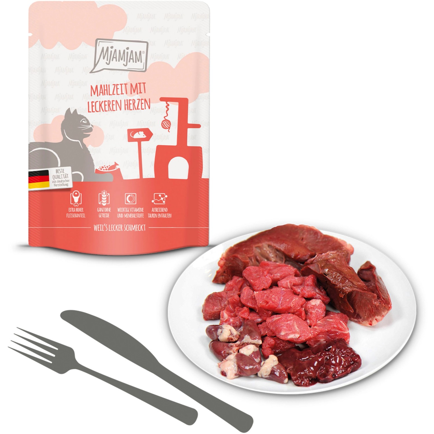 MjAMjAM Katzen-Nassfutter mit Herzen: Frisches Rindfleisch und Hühnerleber auf einem Teller.