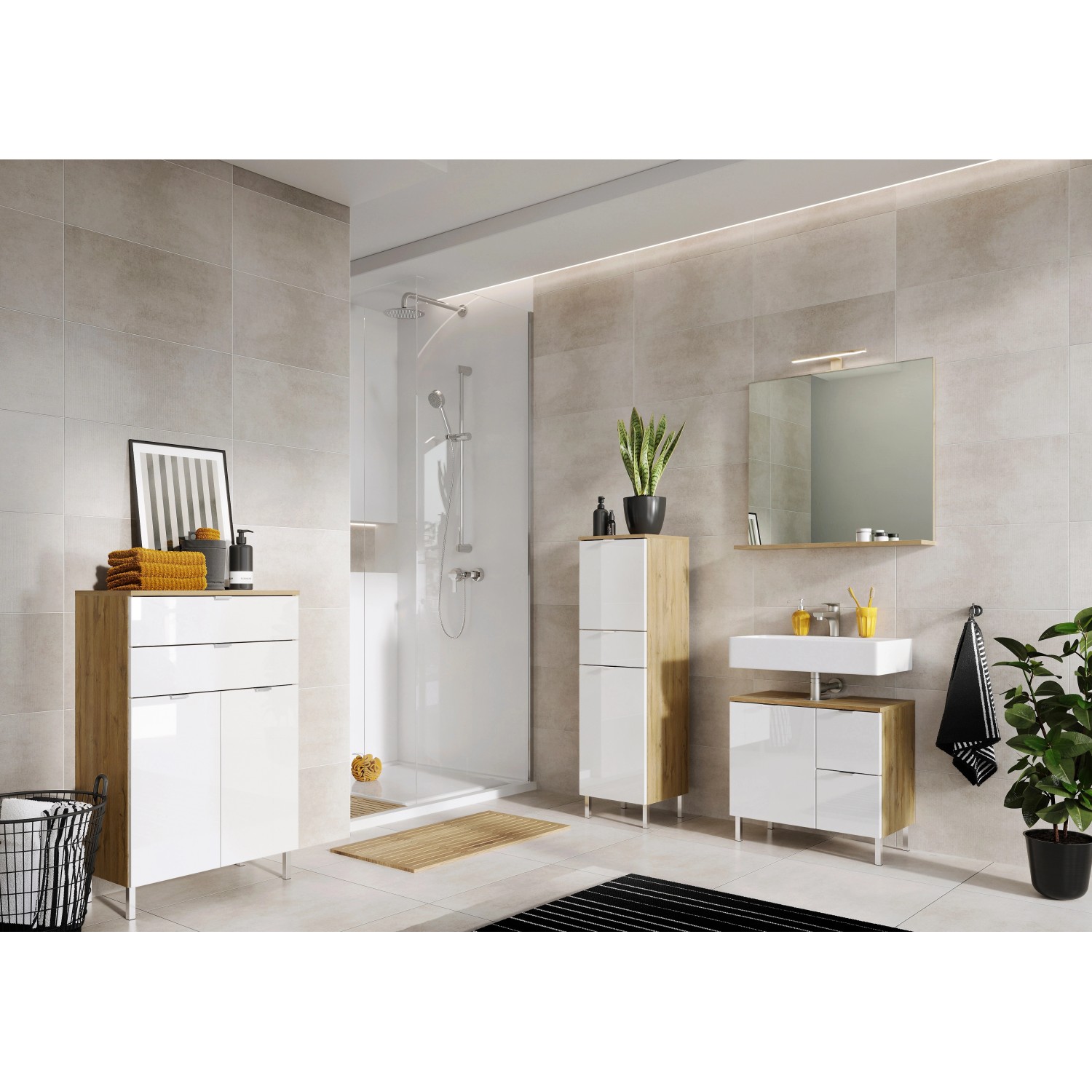 Germania Waschbeckenunterschrank GW-MAURESA Eiche, 60 cm, mit weißen Schubladen im Badezimmer.