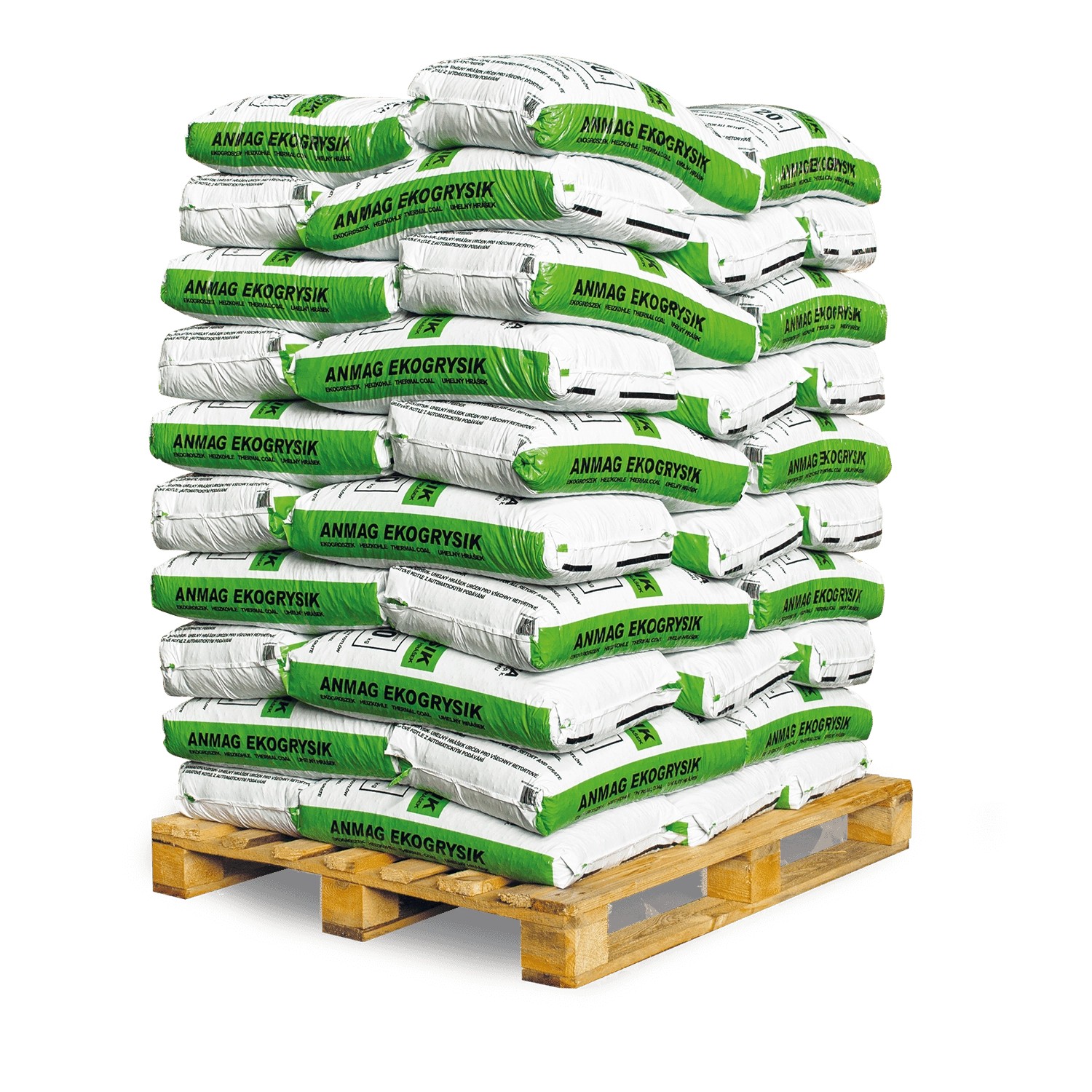 Palette mit 50 Säcken Anmag Steinkohle (5-15mm, 20kg) für Heizung und Industrie.