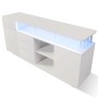 Weißes Merax Sideboard mit LED-Beleuchtung, Acrylstützen, 3 Schubladen, 2 Schränken und offenen Regalen.