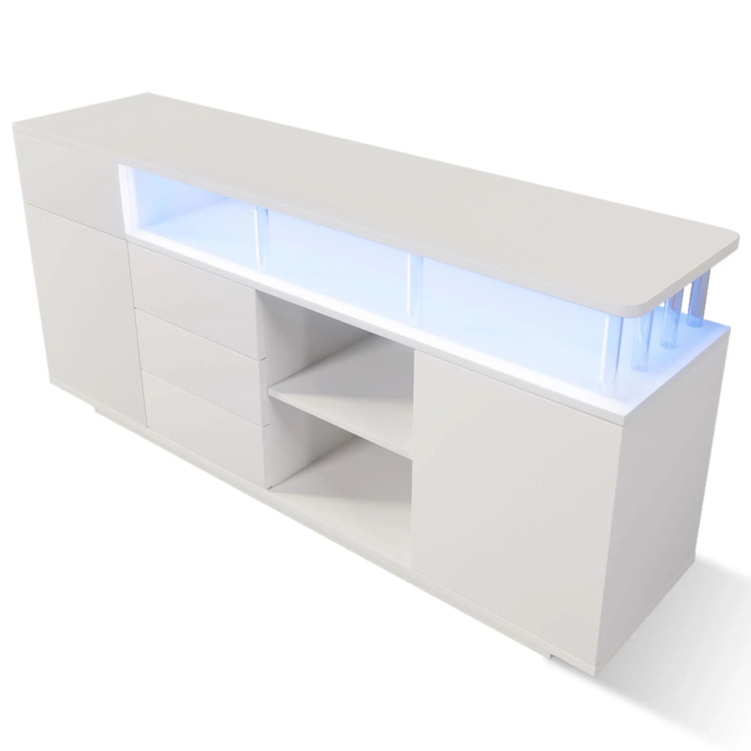 Weißes Merax Sideboard mit LED-Beleuchtung, Acrylstützen, 3 Schubladen, 2 Schränken und offenen Regalen.