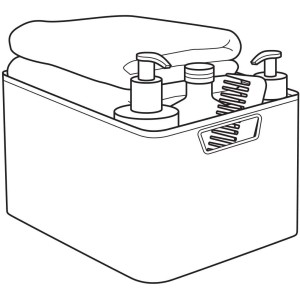 Cremefarbene Curver Style Aufbewahrungsboxen im 3er-Set (S, M, L) mit Handtüchern und Badutensilien.