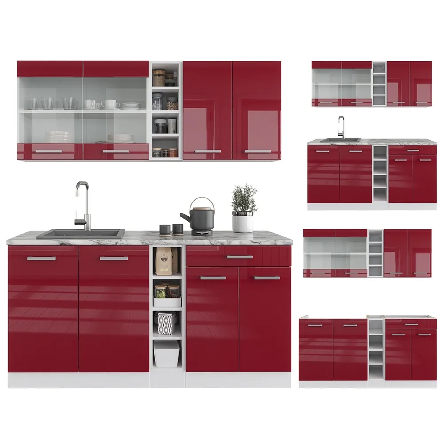Vicco R-Line Singleküche, 160 cm, Bordeaux Hochglanz/Weiß, ohne Arbeitsplatte.