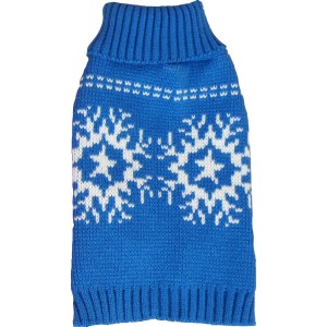 Blauer Heim Hundepullover Größe 25 mit weißem Schneeflockenmuster.