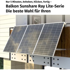 SUNSHARE Ray Lite Balkonkraftwerk 600W mit Halterung am Balkongeländer.