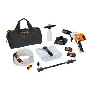 Stihl Akku-Druckreiniger RCA 20 Set: orange-grauer Hochdruckreiniger, 2 Akkus, Ladegerät, Tasche, Schlauch, Zubehör.