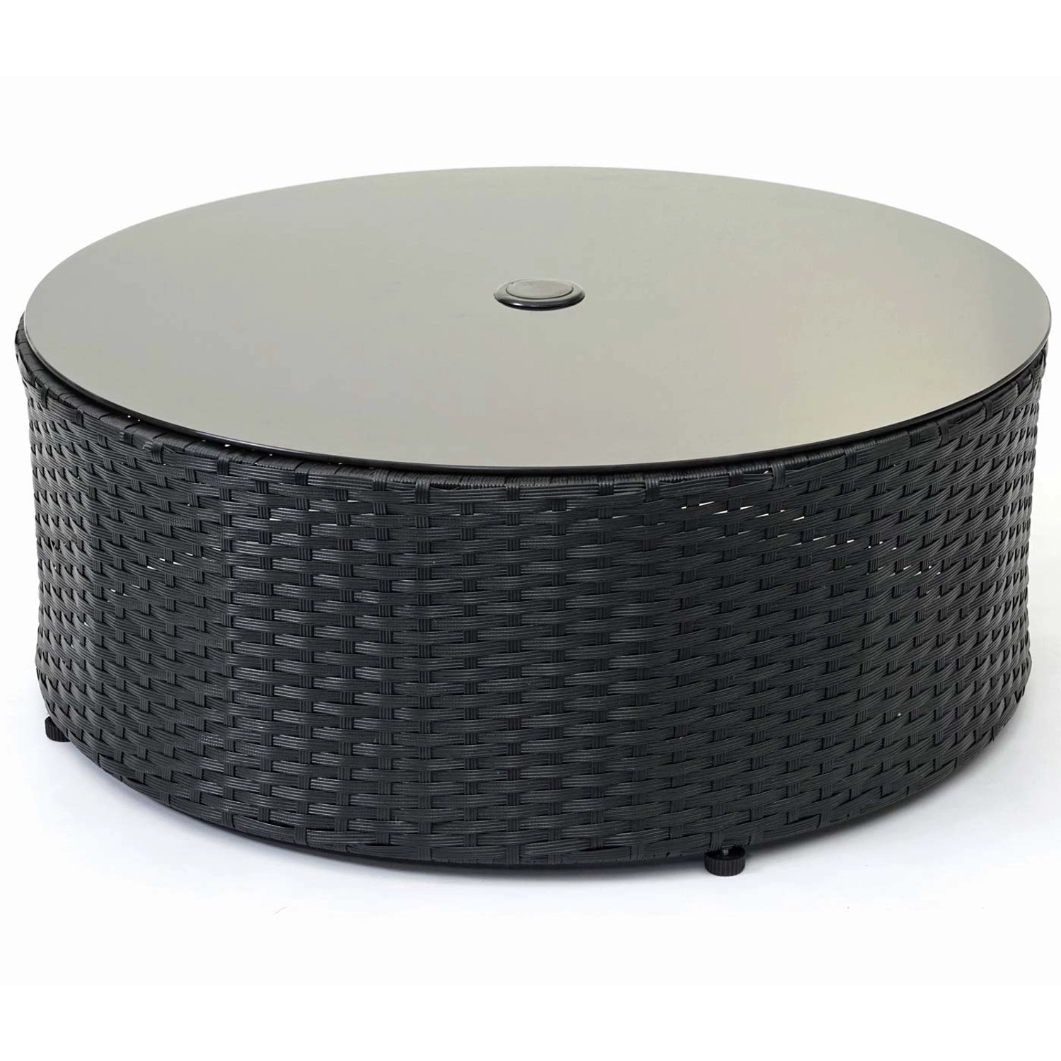 Runder Tisch der MCW Poly-Rattan Garnitur E17 in Schwarz mit Glasplatte für Lounge-Gartenmöbel.