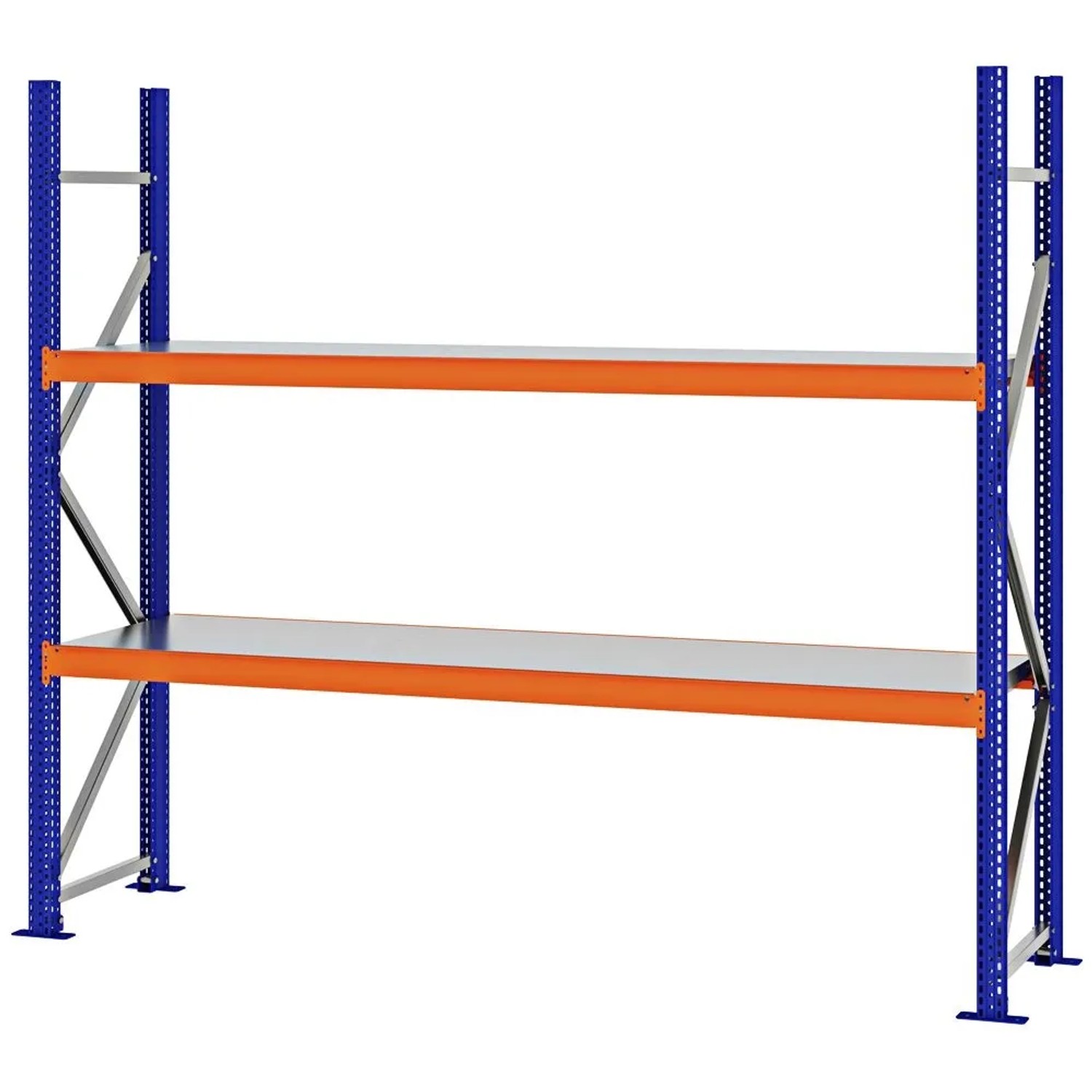 PROREGAL Weitspannregal Schraub-Stecksystem MAGNUS PRO Made In Germany Grundregal 200x225x50cm 2 Ebenen Stahlböden Fachlast 520kg Blau/Orange