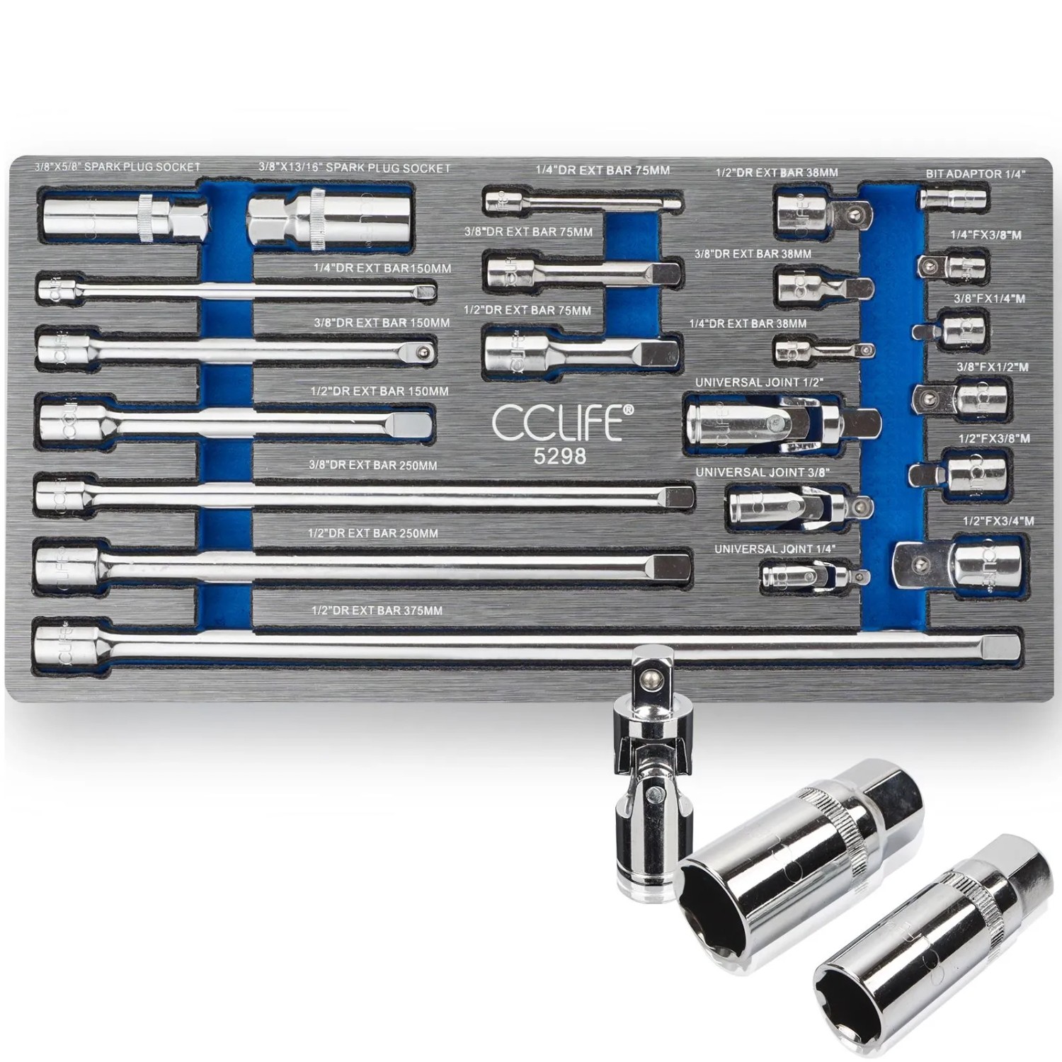CCLIFE 23tlg Steckschlüssel Verlängerung Satz 1/4'' 3/8'' 1/2'' Ratsche Knarre Verbindungsteile Stecknuss Adapter Kardangelenk Zündkerzen Nuss Cr-V