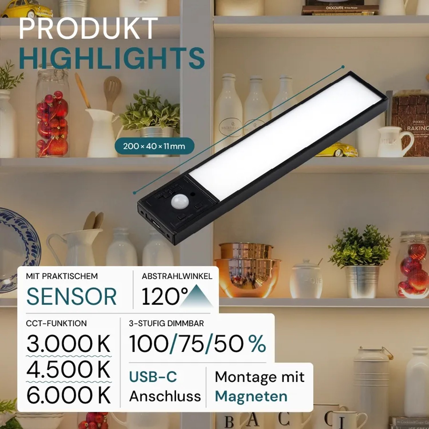 Schwarze LUXULA LED Unterbauleuchte mit Akku, dimmbar und magnetisch, zur Montage unter Schränken.